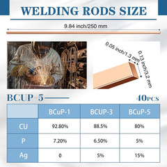 40 Varillas Brazing BCup 5 Plata Aleacion Cobre 0.050×1/8×10 Soldadura HVAC