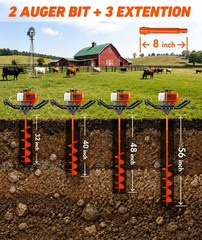 63CC Gas Powered Post Hole Digger Earth Auger Borer 6″ 10″ Bit & 3PCS Extension