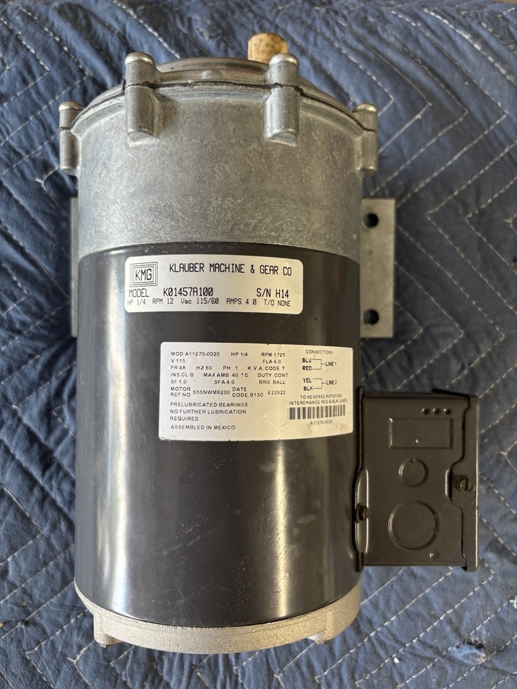 Klauber Machine & Gear Co. Motor K01457A100 1/4 HP 1725 RPM 115V
