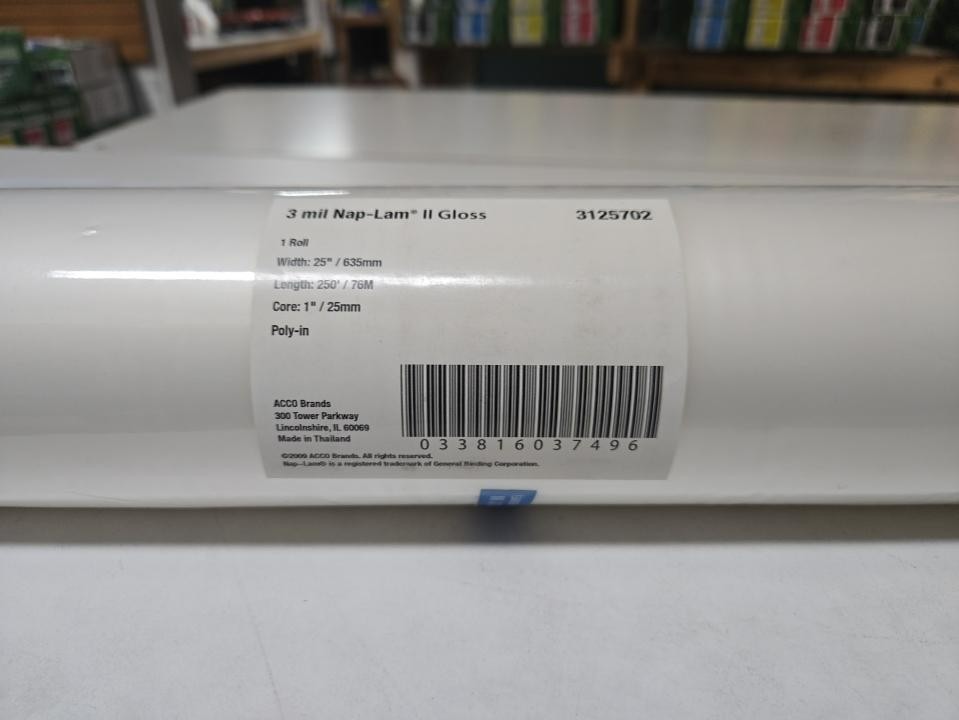 ACCO BRANDS GBC THAILAND 3125702 3 MIL CLEAR NAP-LAM II GLOSS 25″X 250′ POLY NEW