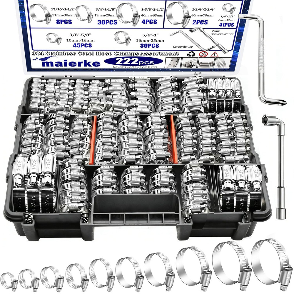222PCS 304 Stainless Steel Hose Clamps Assortment Kit,Metal Adjustable 1/4″-2-3/