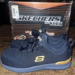WOMEN’S “7.5” SKECHERS NAVY & GOLD WORK SHOES Memory Foam Bulkin-BALRAN 108033