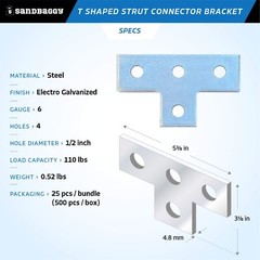 Sandbaggy Galvanized Flat T Shaped Strut Connector Bracket – 4 Hole