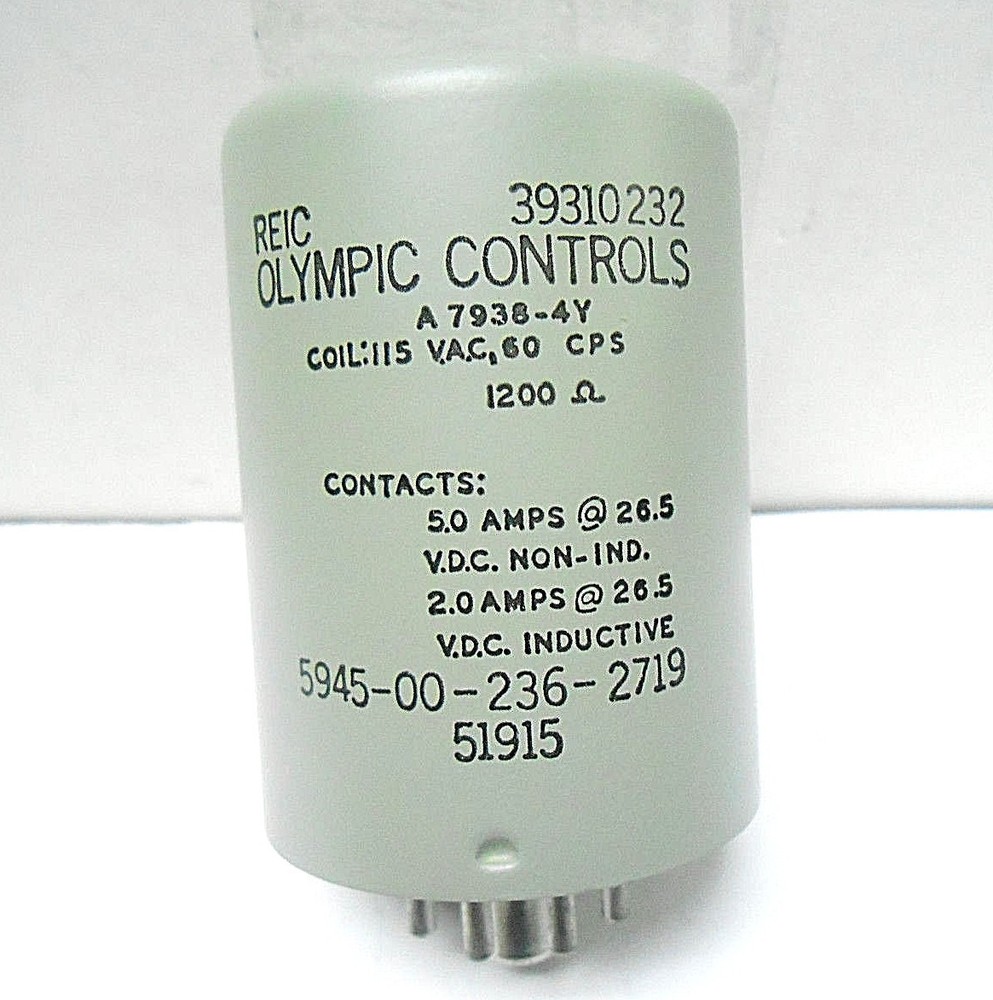 A7938-4Y OLYMPIC CONTROLS RELAY 5 A/ 26.5 VDC/ 1,200 OHMS/ 115 VAC/ 60 HZ NOS