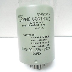 A7938-4Y OLYMPIC CONTROLS RELAY 5 A/ 26.5 VDC/ 1,200 OHMS/ 115 VAC/ 60 HZ NOS