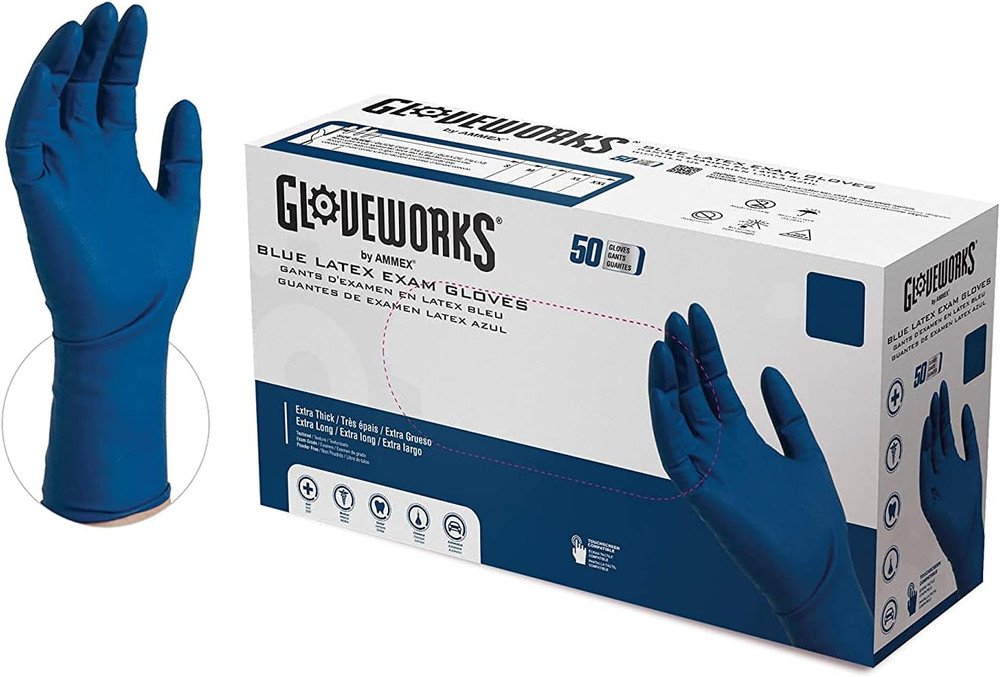 HD Medical Blue Latex Gloves, X-Large, 50 Count, 13 Mil, Powder Free, Textured