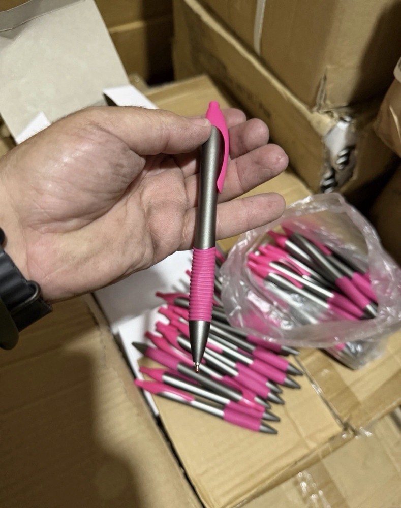 1000 Pink & Silver Retractable Click Ballpoint Pens with Rubber Grip Bulk Lot