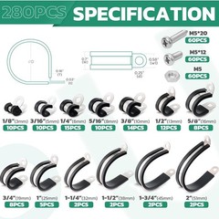 280PCS Cable Clamps with Screws Assortment Kit 304 Stainless Steel Insulated