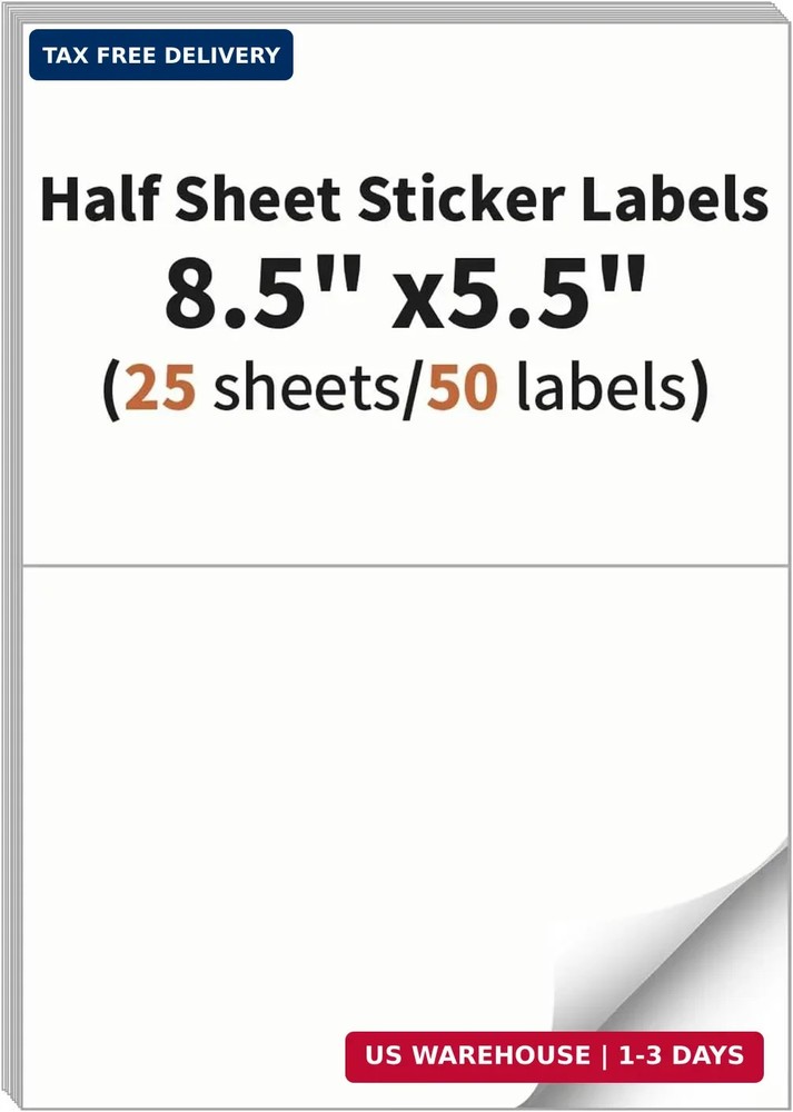 Half Sheet Labels, 2 per Sheet, 25 Sheets, 50 Labels, 8.5″ x 5.5″ Shipping Label