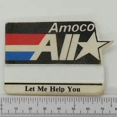 Vintage Amoco All Star Cut-out Lapel Pin, Let Me Help You Printed, Black Serif