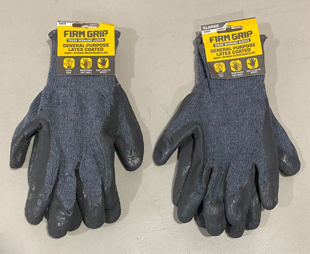 2x Firm Grip Tough Working Gloves – General Purpose Latex Coated – X-Large