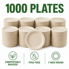 125/250500/1000pcs 7 Inch Compostable Disposable Bagasse Round Party Plates