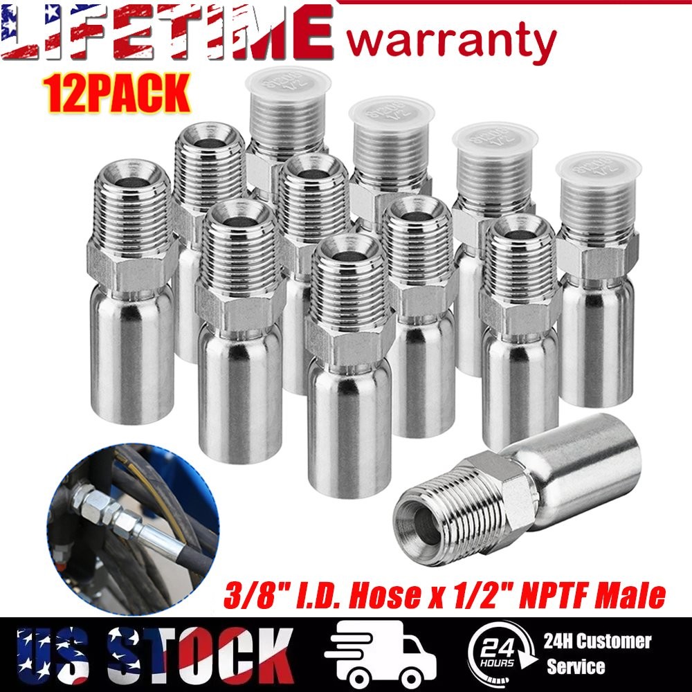 12 Pack 1/2″ NPTF Hydraulic Hose End Fittings, 3/8″ I.D. Hose x 1/2″ NPTF Male
