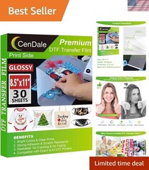DTF Transfer Film 8.5″x11″ – 30 Glossy Sheets for DIY Fabric Printing