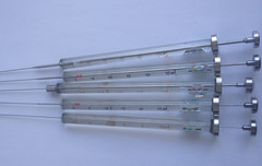 Set of 5 New Sorted Gas Chromatography Microliter Syringes 1, 10, 25, 50, 100 uL