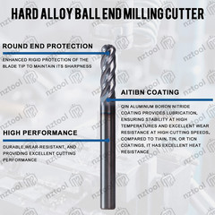 5 PCS 4 Flute 3/16″ x 2″ Overall Length Ball Nose Carbide End Mill AlTiN Coated