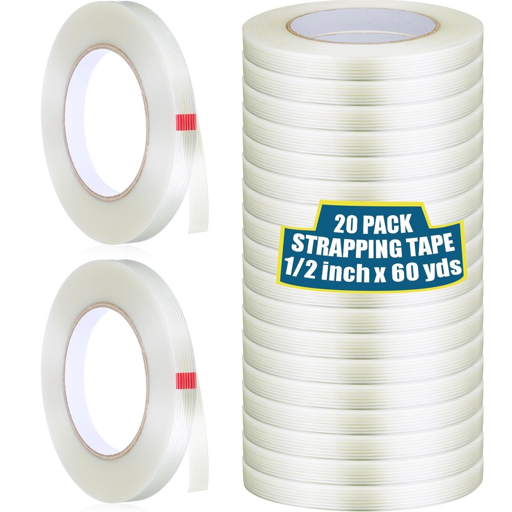 20 Rolls 1/2 Inch x 60 Yards Filament Strapping Tape Transparent Reinforced F…