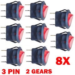 8PC For SPST 3 Pin ON/OFF Round Rocker Switch With Red Neon Lamp 10A/125VAC