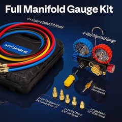 4 Valve HVAC Manifold Gauge Set R410A R454B R32 R22 AC Gauges w/ 5ft Hoses Kit