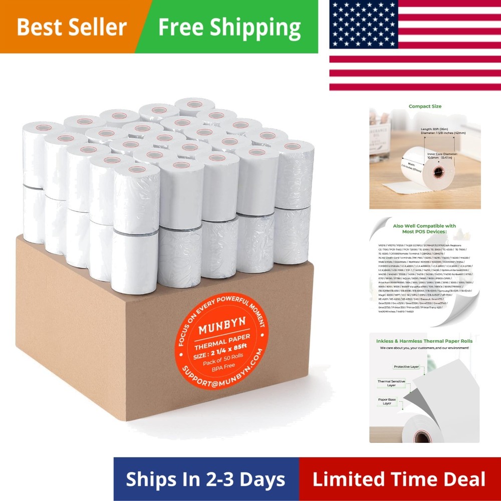2 1/4″ X 85 ft Thermal Receipt Paper 50 Rolls Cash Register Paper Rolls Fits …