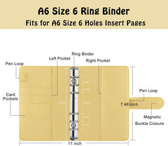 A6 Binder 6 Ring Refillable Notebook Planner Cover for A6 Refill Paper, PU Leath