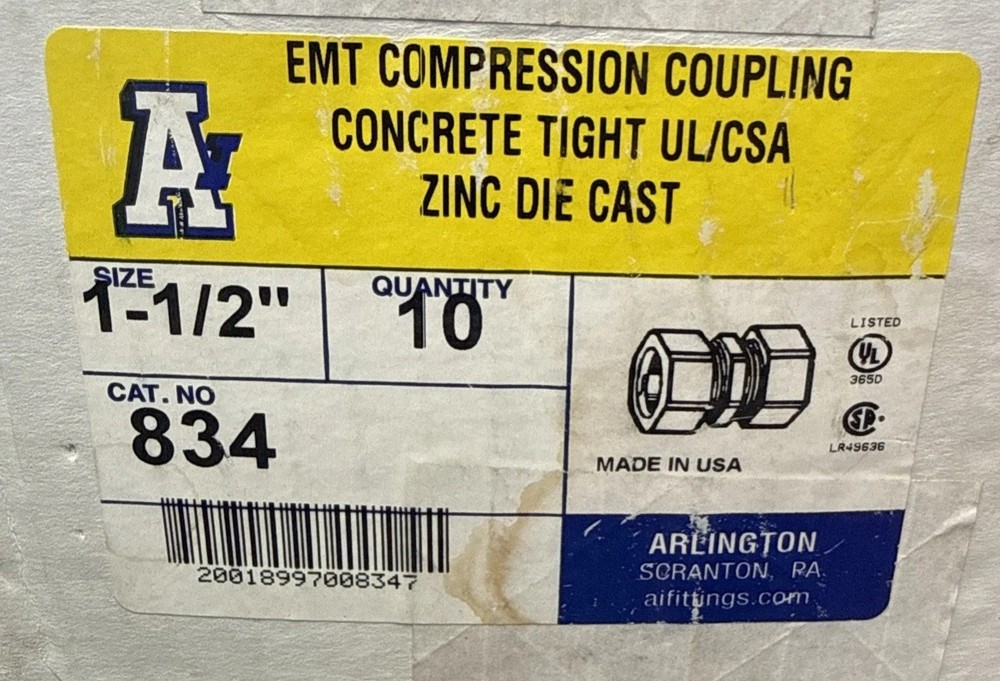 Arlington EMT 1-1/2″ Compression Couplings Cat No 834 (Box of 10) New