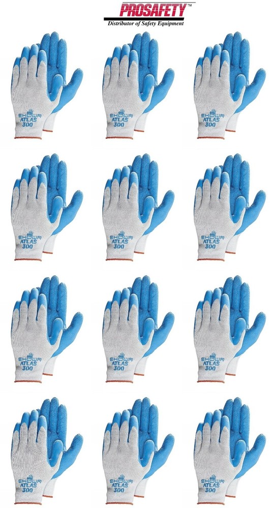 12 PAIR ATLAS 300 BLUE RUBBER Palm Coated General Purpose PROTECTIVE WORK GLOVES