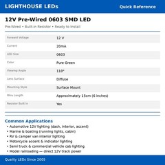 50 x 12v 0603 1608 Pure Green Nano SMD LED Pre-Wired Light Soldered Leads 9v 5v