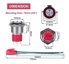 4 Marine Red LED Push Switch Momentary Ring Button Ultra Flush Power Switch 19mm