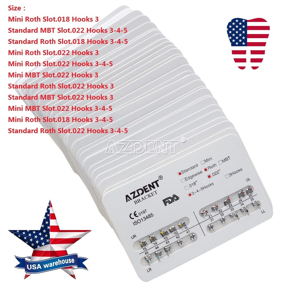 AZDENT Orthodontic Brackets Mini/Standard Roth/MBT Slot 0.022/0.018 Hook3/3-4-5