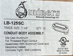 1-1/4″ Electrical Conduit Body Type LB w cover & gasket Alum Threaded UL 10 pc