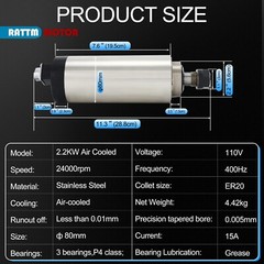 US SHIP】2.2KW 110V VFD Inverter+Air Cooled CNC Spindle Motor ER20 80MM 24000RPM