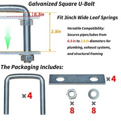 4 PCS Square UBolts Trailer Clamp Fits 2/2.5/3/3.5/4 Inch Wide 0.5 Inch