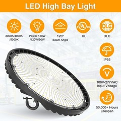120V US Plug 150W LED High Bay Light Fixture Warehouse Garage 4500K/5000K/5700K