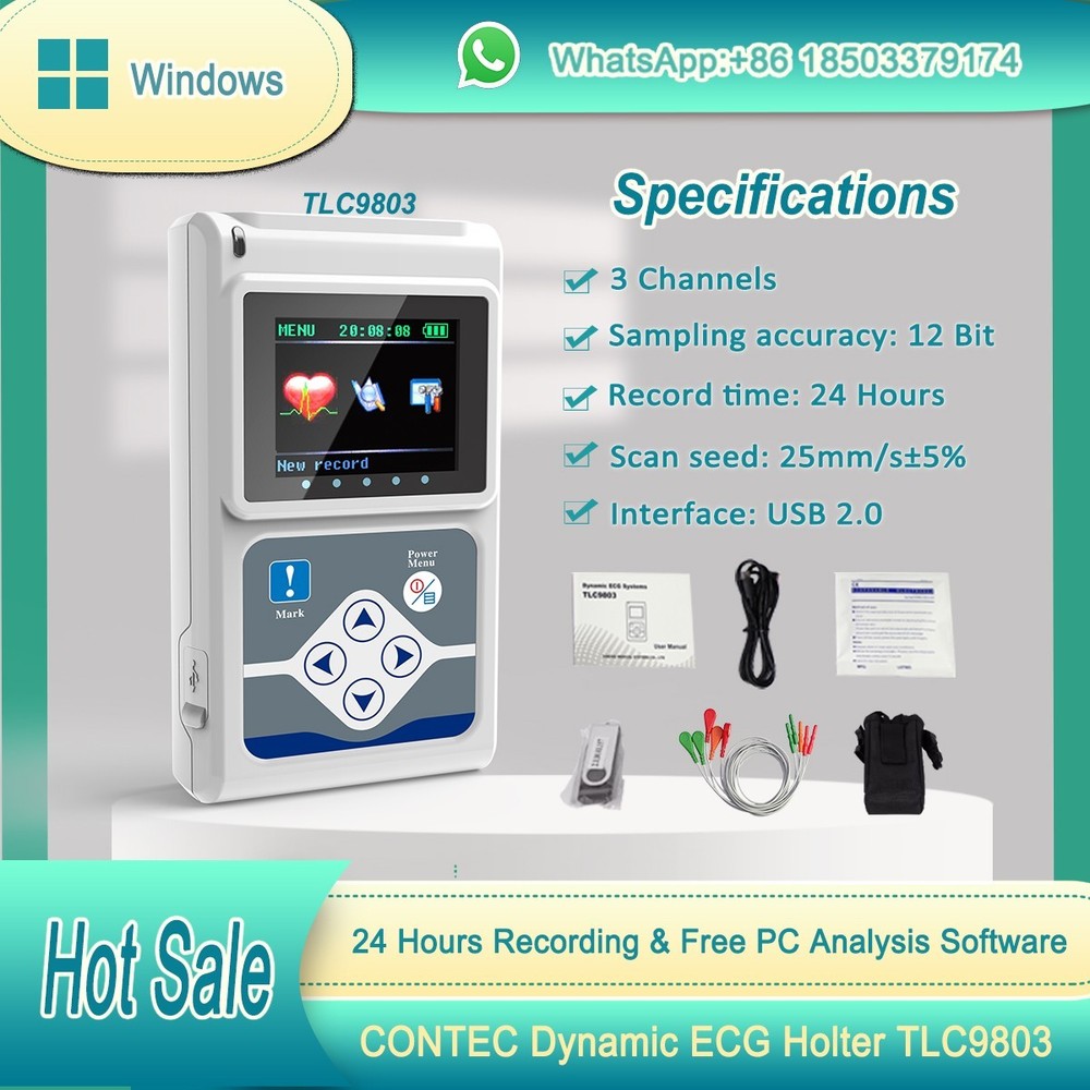 TLC9803 24 Hours 3 Channels Dynamic ECG/EKG Holter with Free PC Software