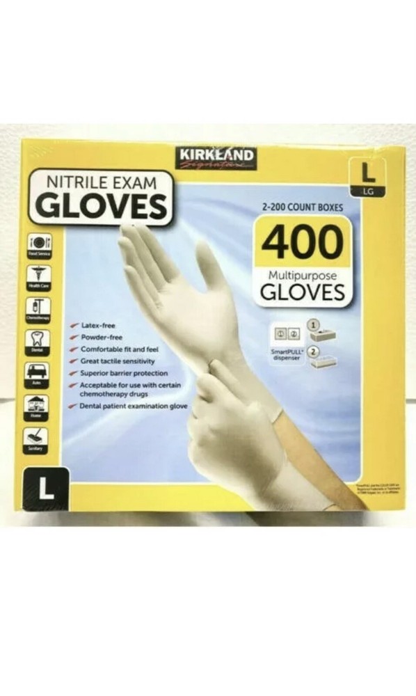 2 X 200 Kirkland Signature Disposable Nitrile Exam Gloves – 400 Count Large Size