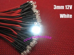 3mm 12V – 16V Pre-Wired Red Yellow Blue Green Warm White Orange UV Pink LED 20CM