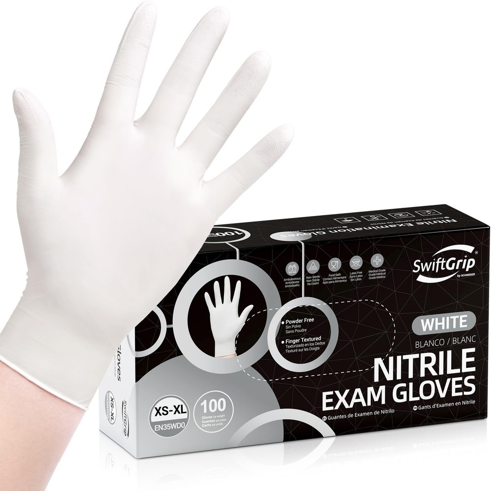 Disposable Nitrile Exam Gloves, 3-mil, Large, Box of 100, White Nitrile Gloves