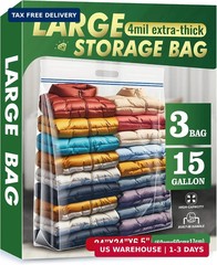 15 Gallon Large Storage Bags, 24″ x 24″ Clear Plastic Zipper Bags with Handle…