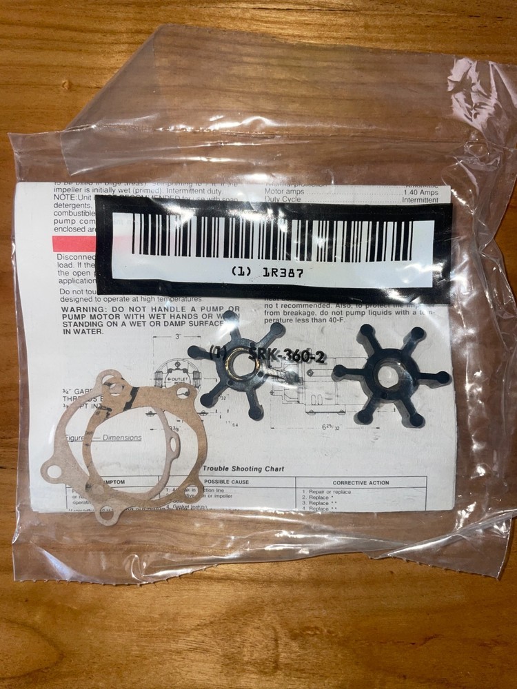 Pump Impeller and Gasket Repair Kit 1R387 Teel Pump Model 1P579
