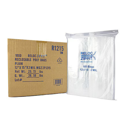 Reloc Zippit R1215 Reclosable Bag, Zip Seal, 15 In L, 12 In W, 2 Mil Thick,