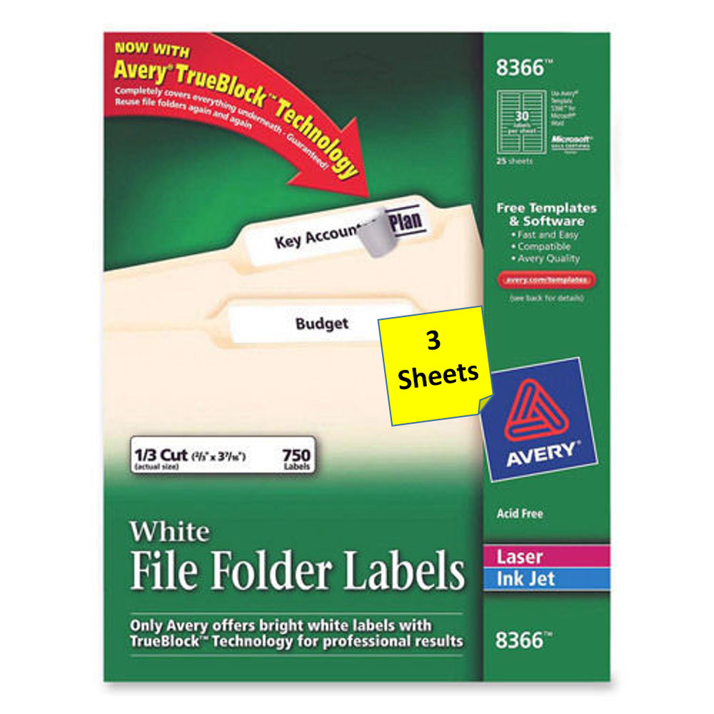 [3 Sheets] Avery 8366/5366 File Folder Labels White 1/3 Cut 2/3″x3-7/16″ Las/Ink