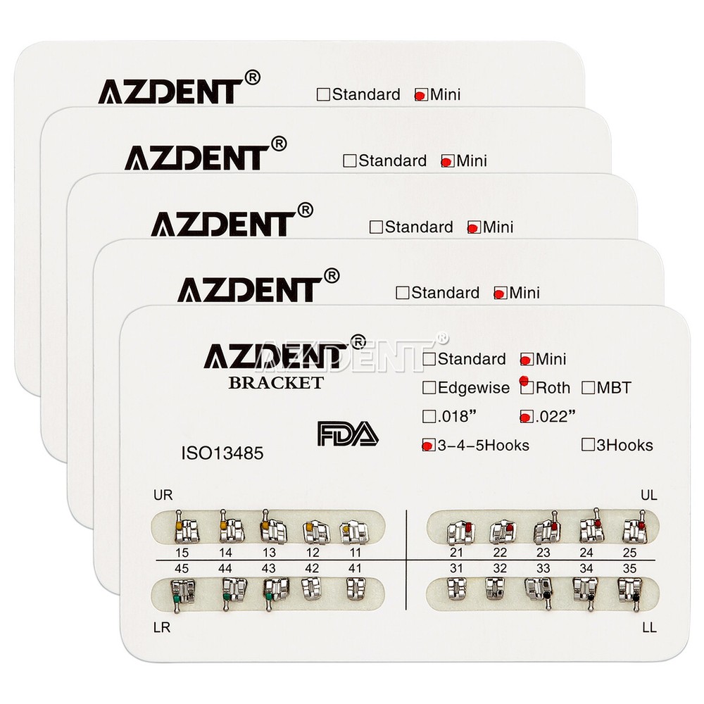 5 Packs AZDENT Dental Orthodontic Metal Brackets Braces Mini Roth.022 Hooks 345