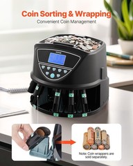 VEVOR USD Coin Sorter Counter Wrapper Roller 300 Coins/min 5 Tubes LCD Display