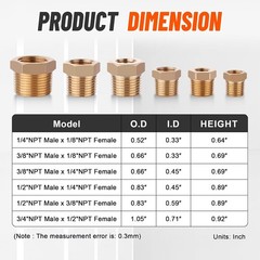 18PCS Brass Hex Bushing Fitting Kit,1/4″ – 1/8″, 3/8″ – 1/8″,3/8″ – 1/4″,1/2″ –