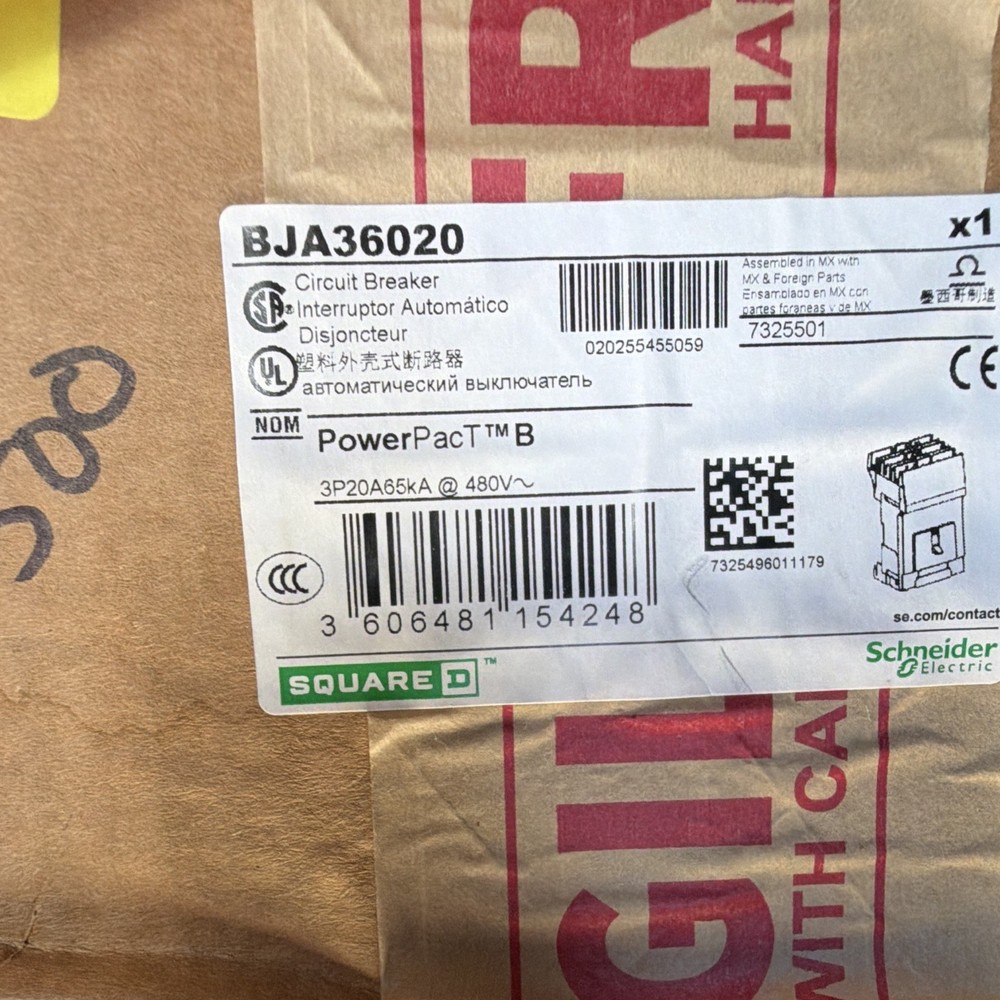 Square D PowerPact B BJA36020 Circuit Breaker 20A 3-Pole 480VAC I-Line