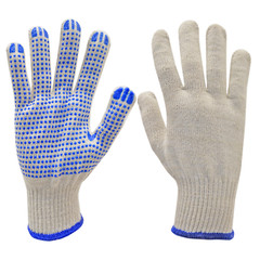 PVC-Dotted String Knit Gloves, Natural White/Blue, 12 Pairs