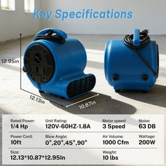 Air Mover Floor Blower Fan 1/4hp 1000CFM 3 Speed For Drying Cooling Ventilation