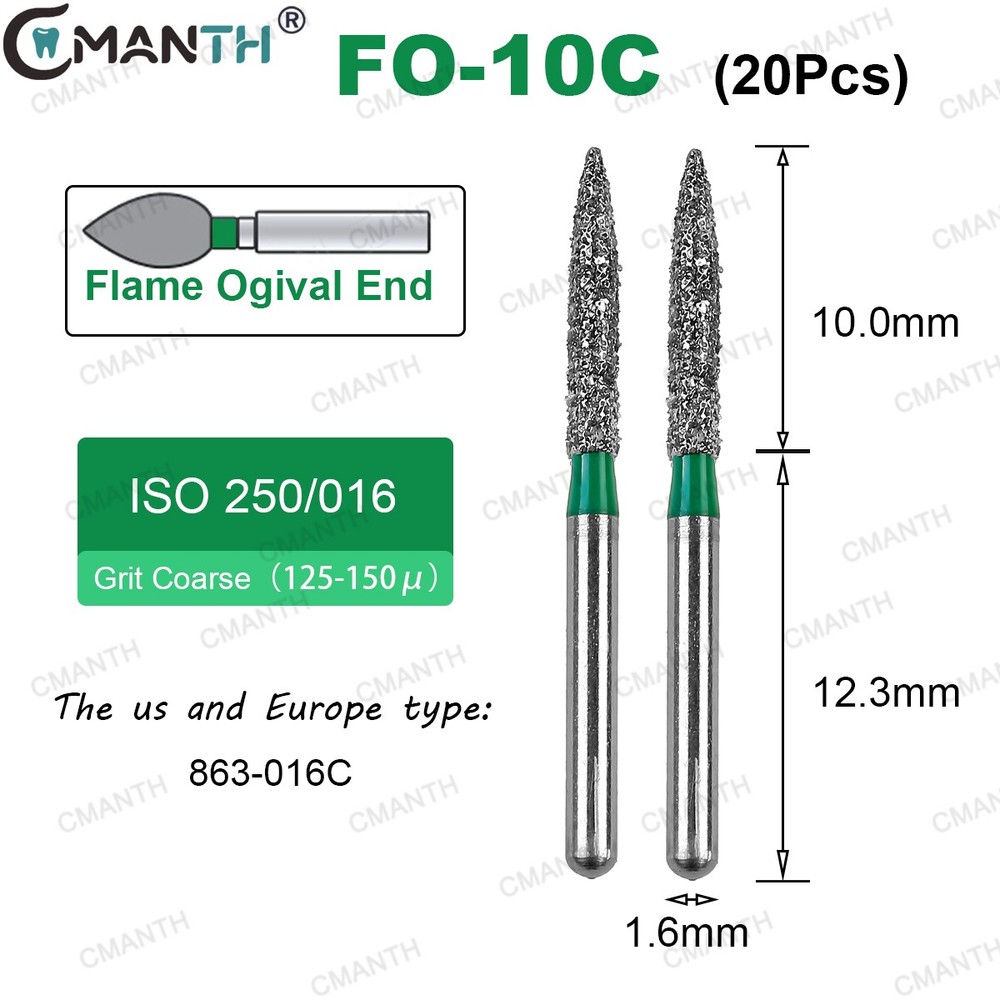 US Dental Diamond Burs 20PCS FO Series Standard/Fine FG High Speed 862 368 379