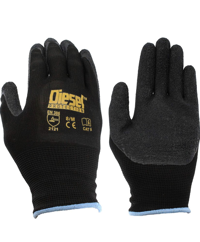 12 Pair Diesel Black Safety Gloves Latex Coated Grip Cut Resistant